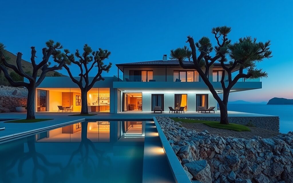 Akşam ışığında havuzlu modern villa