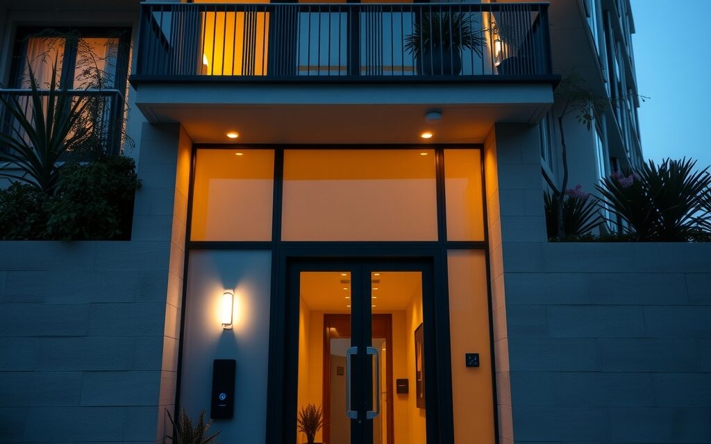 Gece aydınlatılmış apartman girişi ve kapı paneli