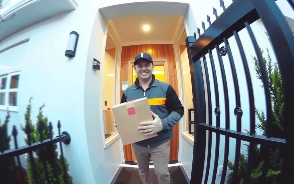 Kapı kamerasından görünen, paketle bekleyen kurye