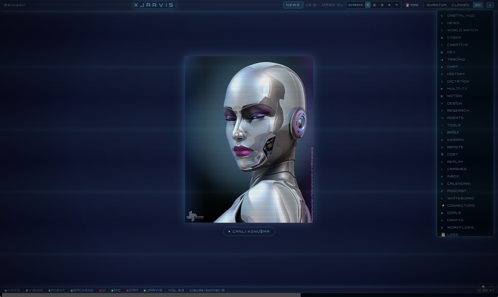 XJarvis 3D avatar — Mark XL arayüzü ve modül menüsü
