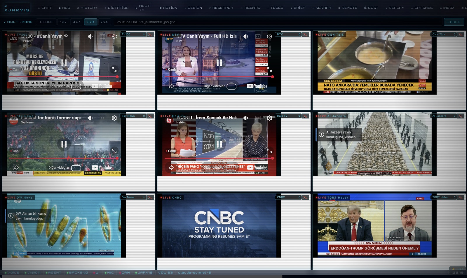 XJarvis Multi-TV — dokuz canlı yayın ızgarası