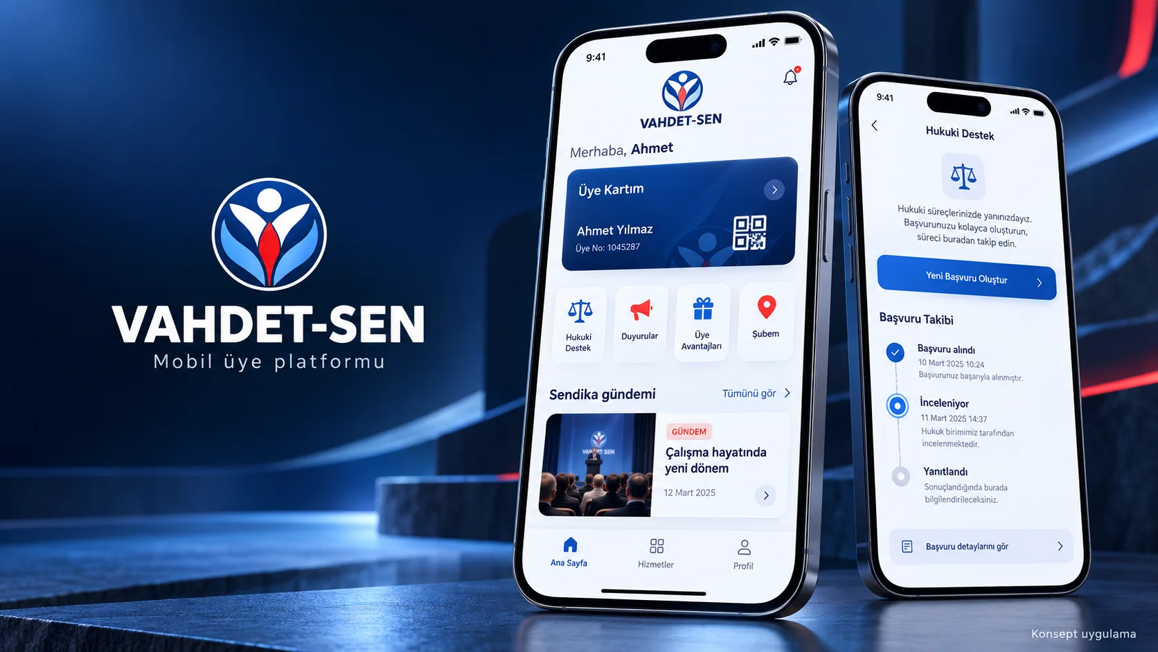 Mobil üye platformu: ana sayfa ve hukuki destek başvuru takibi ekranları