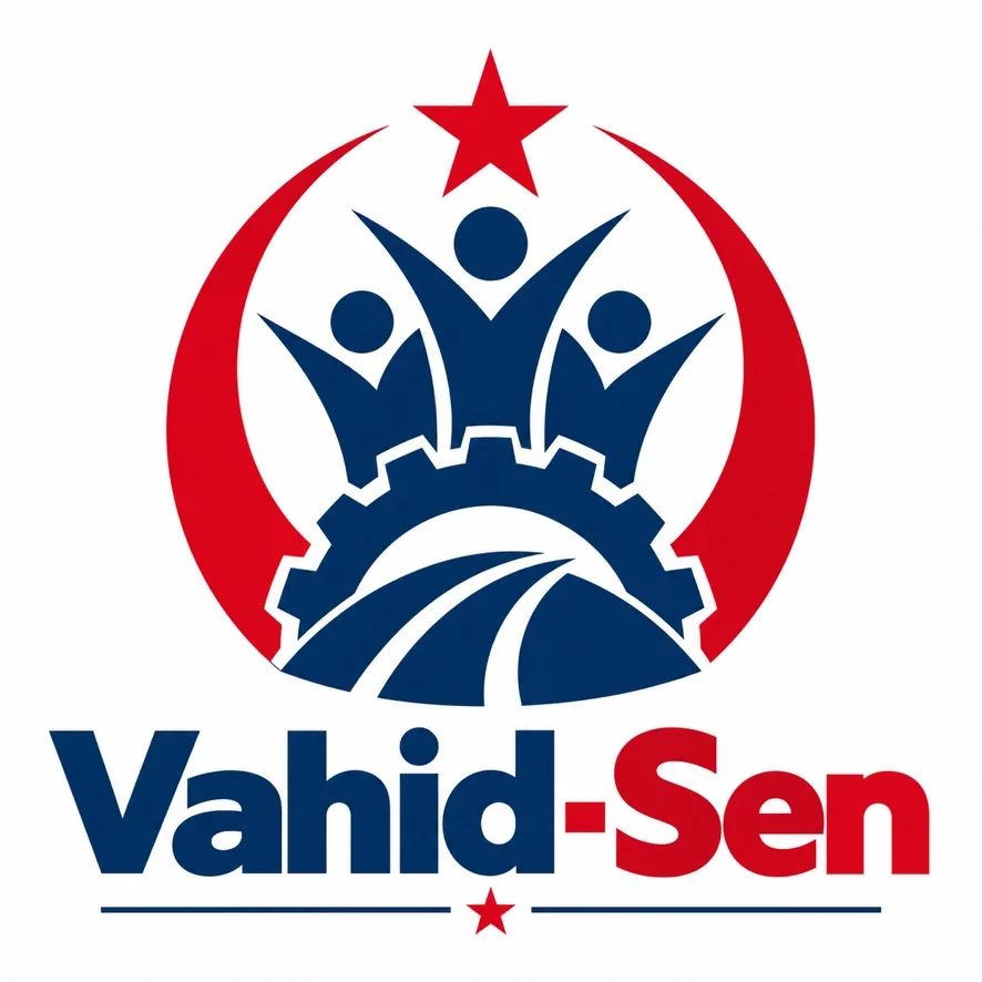Amblem logo konsepti: yıldız, hilal, birlik figürleri ve dişli